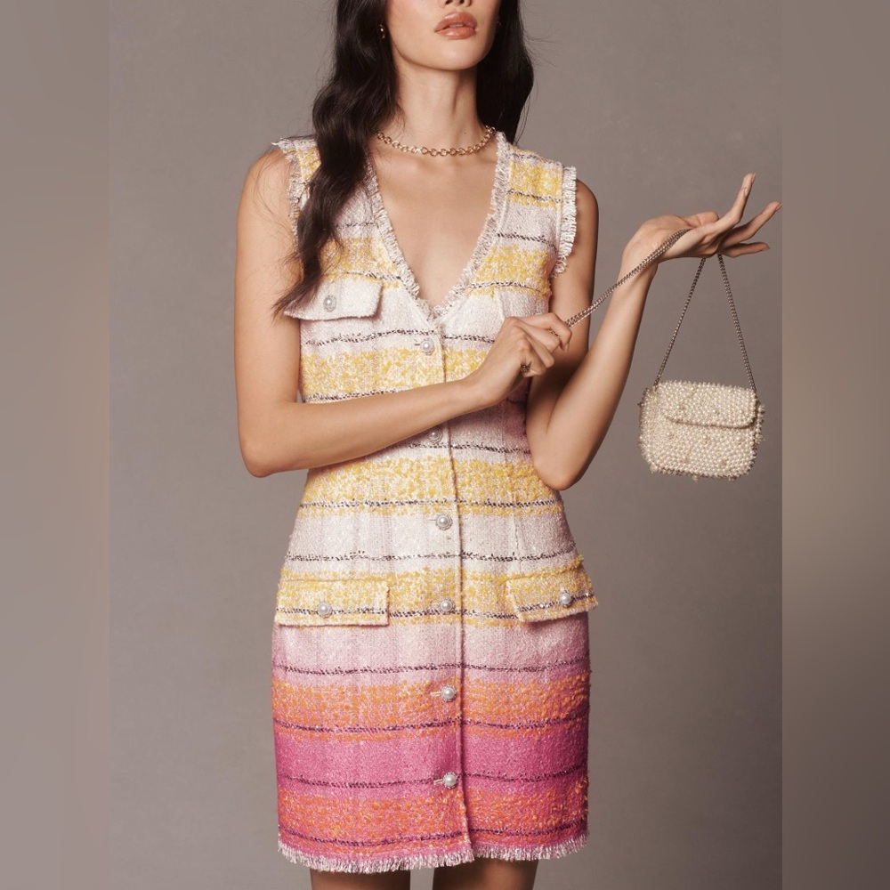 Maeve Sleeveless Tweed Blazer Mini Dress Pink/Yellow Size 0 NWOT